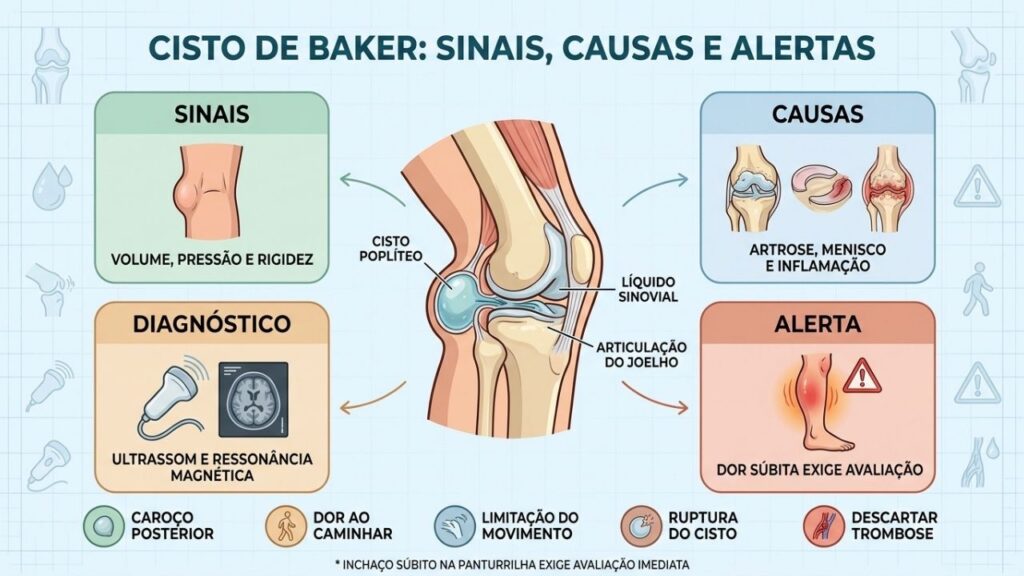 Sinais, causas, exames e alertas relacionados ao cisto de Baker.