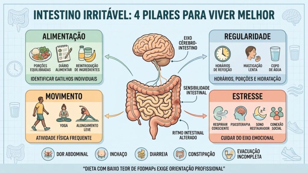 Alimentação, regularidade, movimento e manejo do estresse sustentam o controle intestinal.