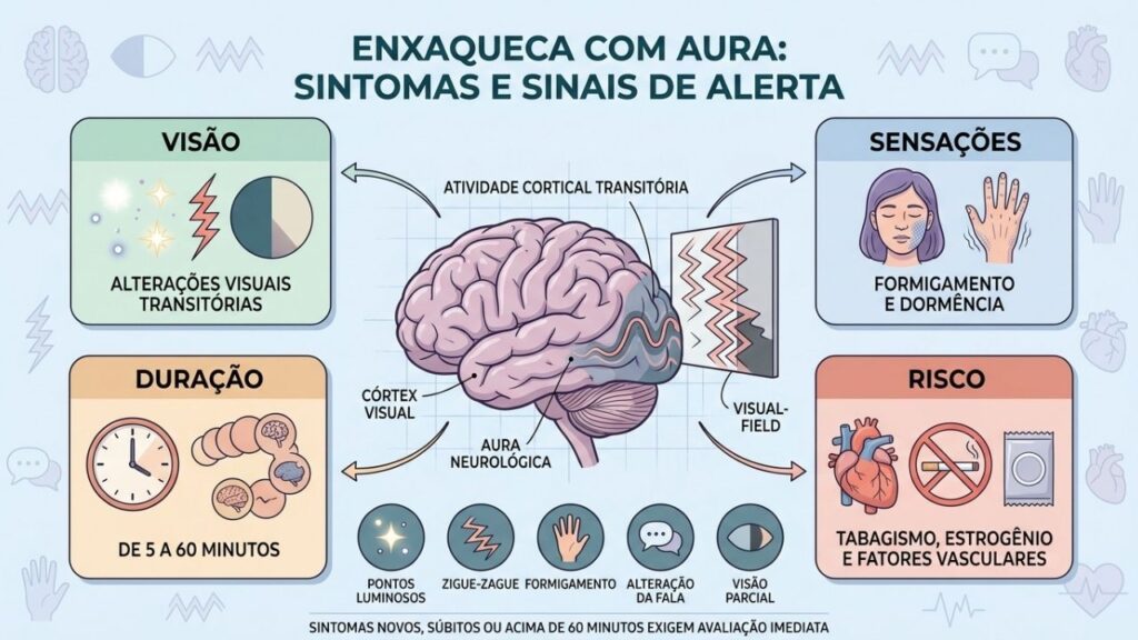 Sintomas visuais, sensitivos, duração e riscos associados à enxaqueca com aura.