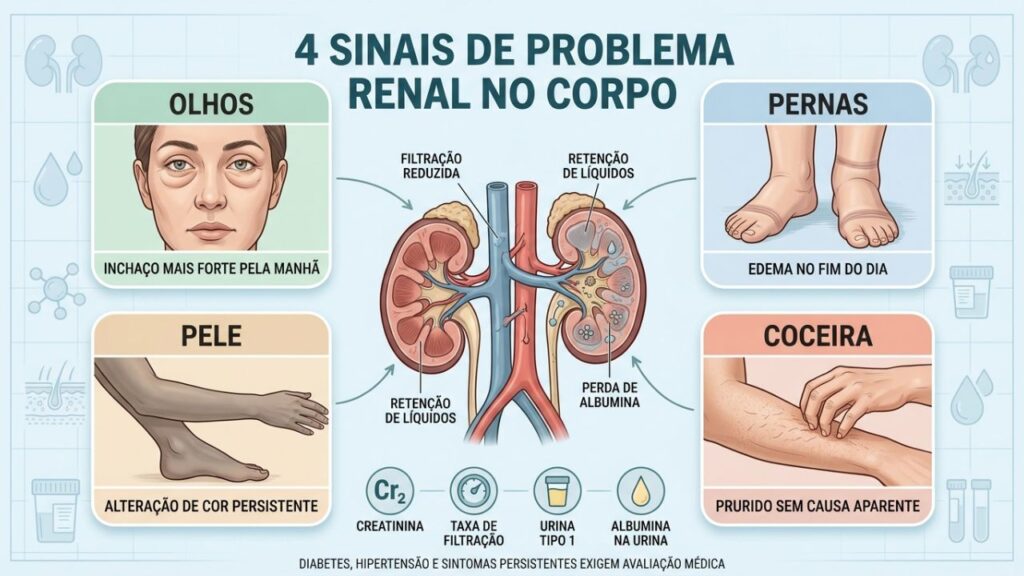 Olhos, pernas, pele e coceira podem revelar alterações na função renal.