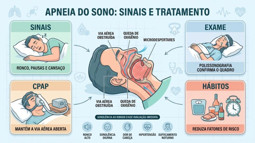 Sinais, polissonografia, CPAP e hábitos orientam o cuidado com a apneia.