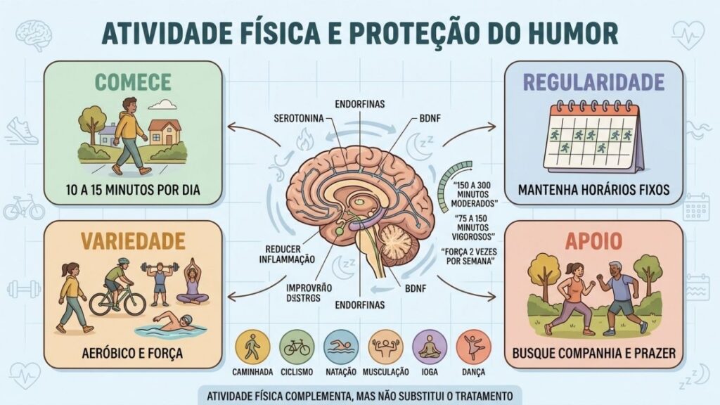 Regularidade, variedade, apoio e pequenas metas fortalecem a proteção emocional do cérebro.