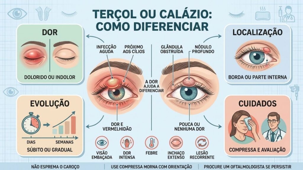 Dor, localização e evolução ajudam a diferenciar terçol de calázio.