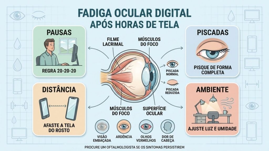 Pausas, piscadas, distância e ambiente reduzem os sintomas da fadiga ocular digital.