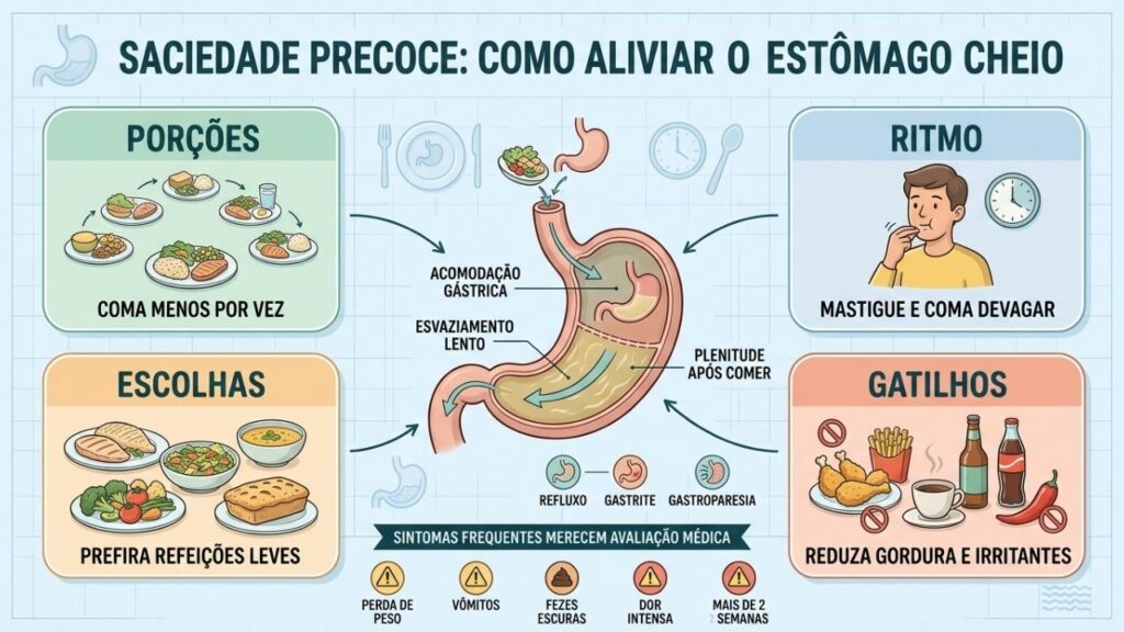 Porções menores, ritmo lento e refeições leves ajudam na saciedade precoce.