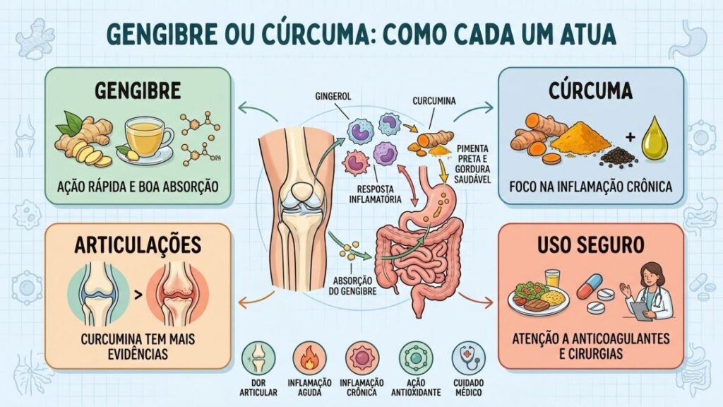 Compostos, absorção, benefícios articulares e cuidados diferenciam gengibre e cúrcuma.