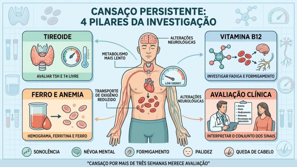 Tireoide, vitamina B12, ferro e avaliação clínica orientam a investigação da fadiga.