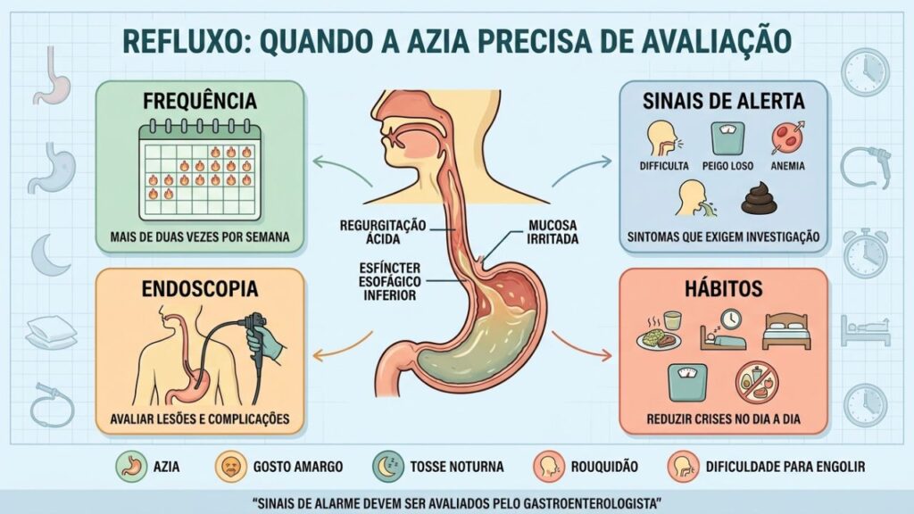 Frequência, sinais de alerta, endoscopia e hábitos orientam o cuidado com refluxo.
