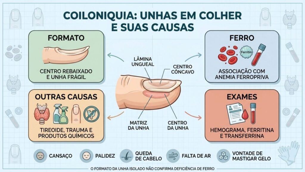 Formato, causas, sintomas associados e exames importantes na investigação da coiloniquia.
