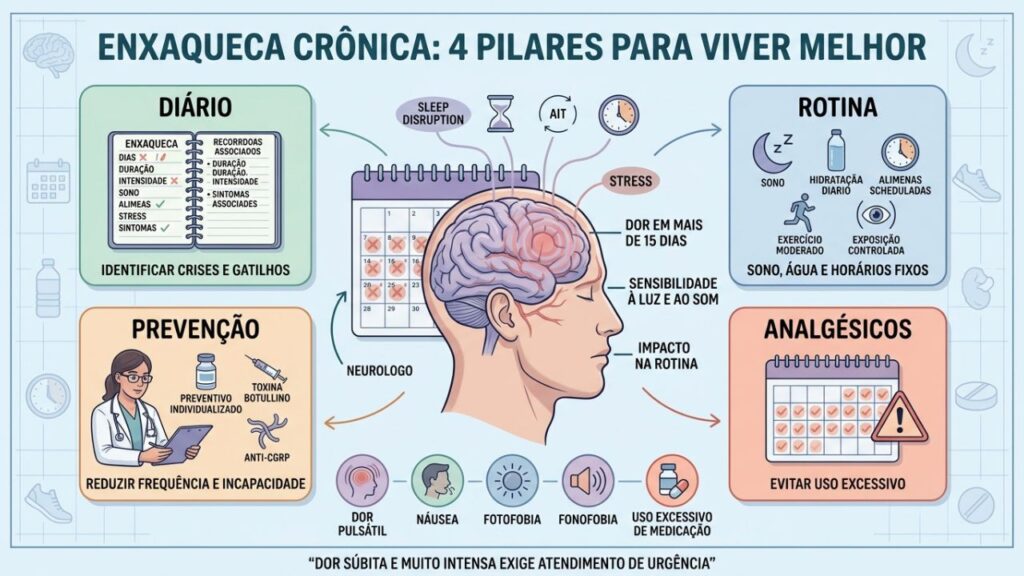 Diário, rotina, prevenção e uso responsável de analgésicos controlam a enxaqueca crônica.