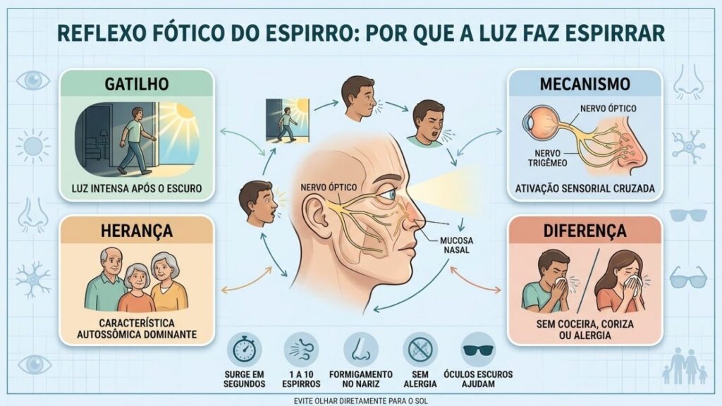 Gatilho luminoso, mecanismo neural, herança familiar e diferenças da rinite alérgica.