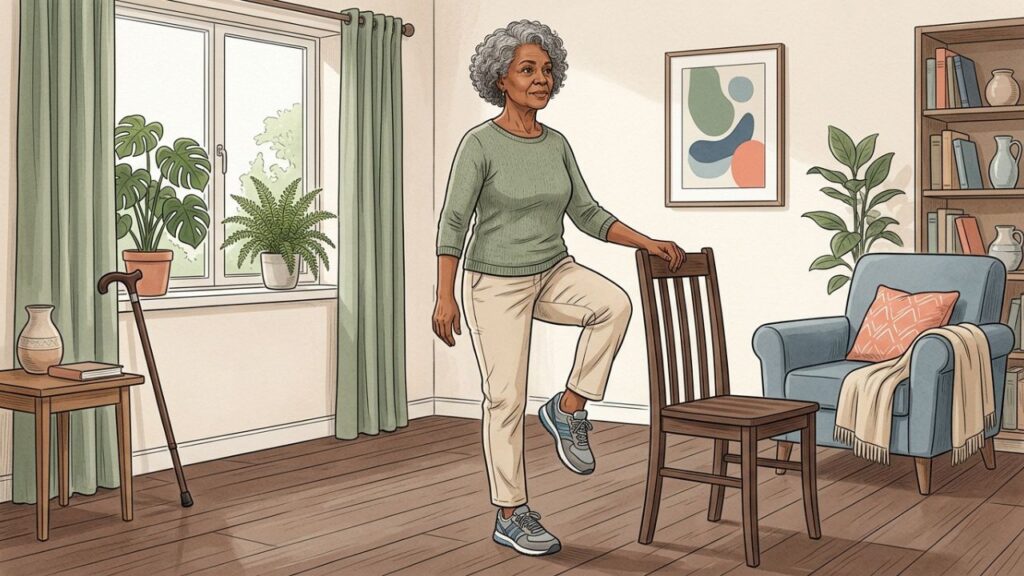 Exercícios de equilíbrio ajudam a prevenir quedas em casa após os 60.