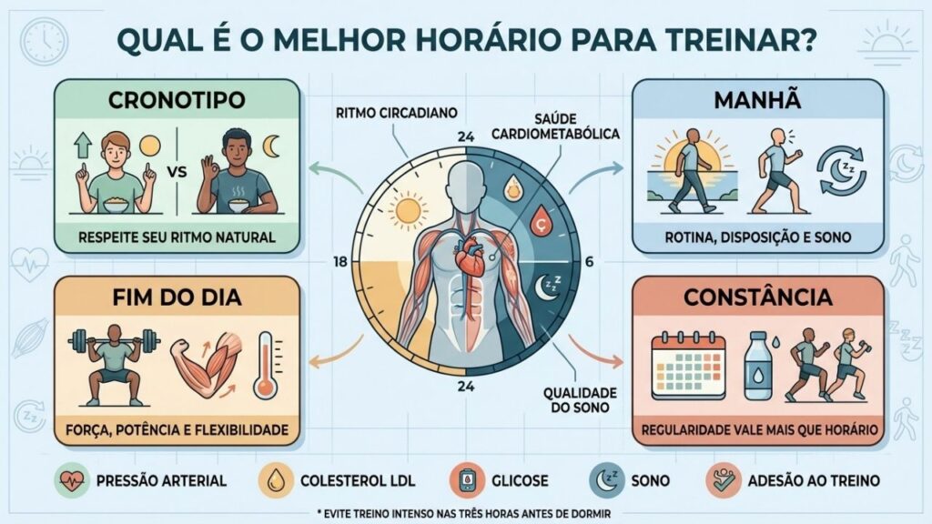 Cronotipo, horário, desempenho e constância orientam uma rotina de exercícios personalizada.