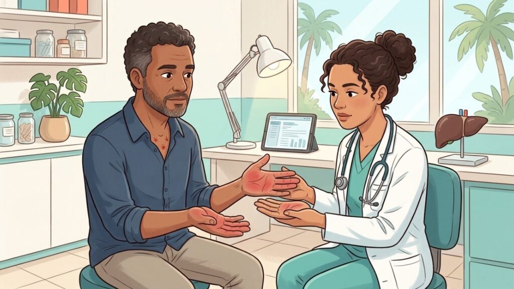 Alterações persistentes nas mãos e na pele podem refletir doenças hepáticas.