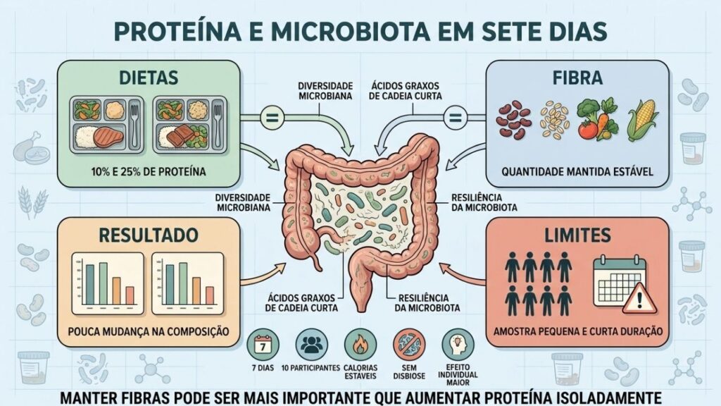 Dietas, fibra estável, resultados e limitações do estudo sobre microbiota.