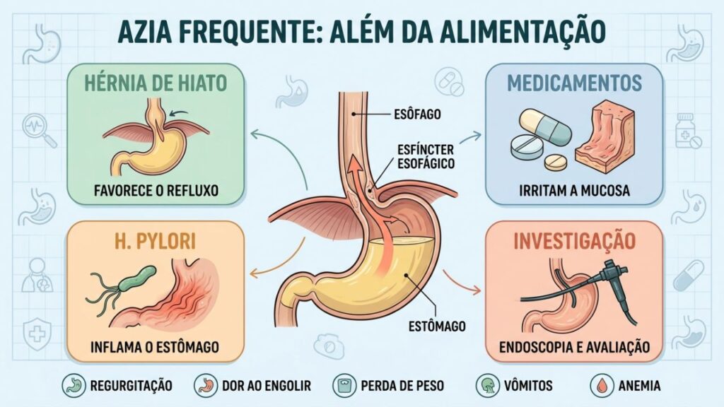 Hérnia, medicamentos, H. pylori e endoscopia orientam a investigação da azia.