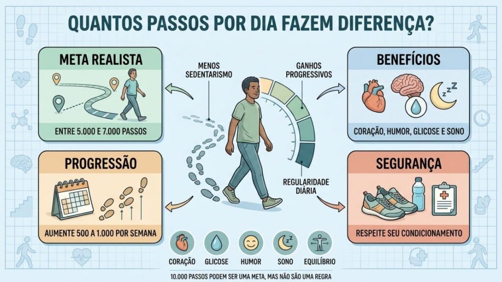 Passos diários, benefícios, progressão e cuidados para caminhar com segurança.