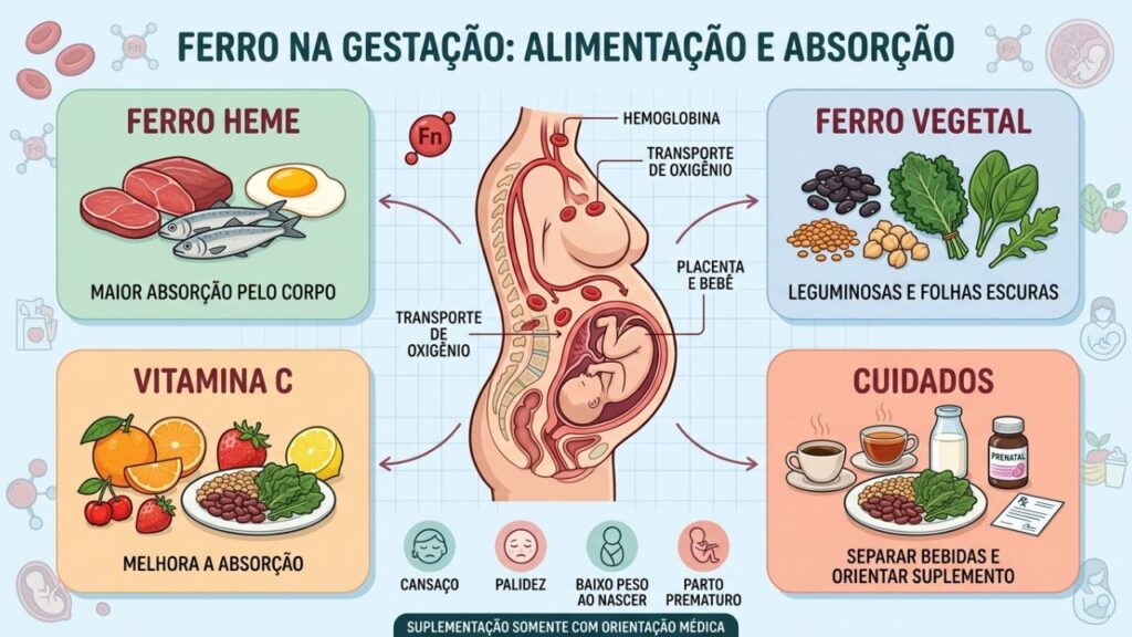 Fontes de ferro, vitamina C e suplementação protegem mãe e bebê.