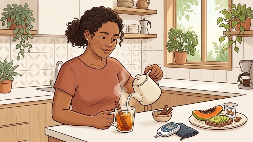 Canela, alimentação e monitoramento integram uma rotina de cuidado metabólico.
