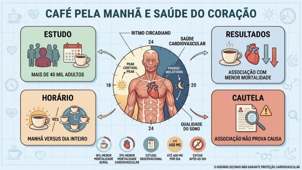Estudo, horário, resultados e cuidados no consumo diário de café.