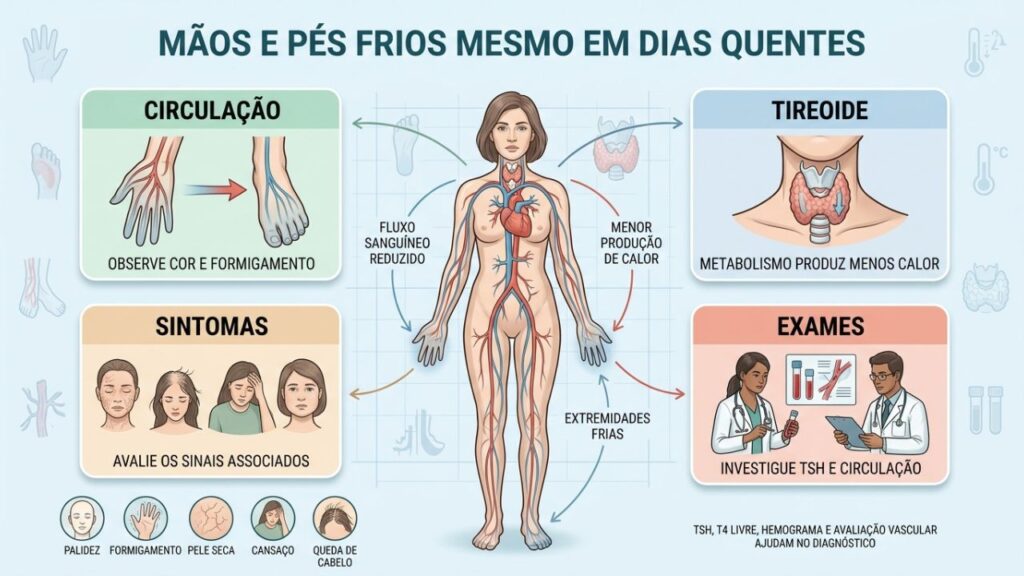 Circulação, tireoide, sintomas associados e exames esclarecem extremidades persistentemente frias.
