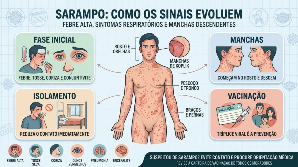 Fase inicial, progressão das manchas, isolamento e vacinação orientam a prevenção.