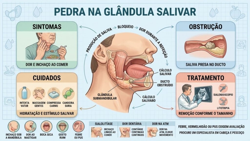 Sintomas, obstrução e cuidados explicam a dor salivar ligada às refeições.
