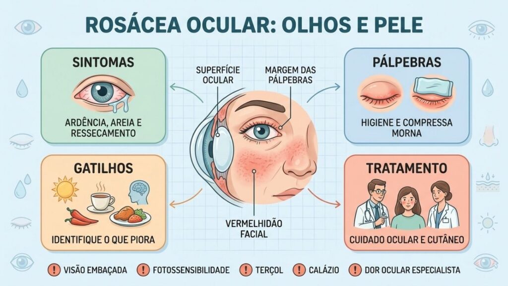 Sintomas, pálpebras, gatilhos e tratamento orientam o cuidado da rosácea ocular.