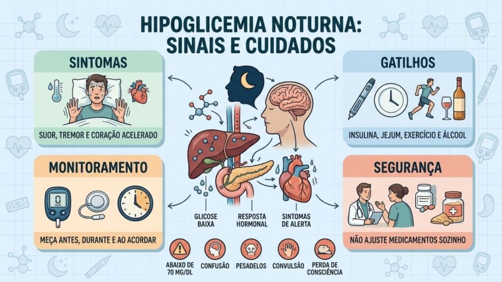 Sintomas, gatilhos, monitoramento e segurança orientam o cuidado na hipoglicemia noturna