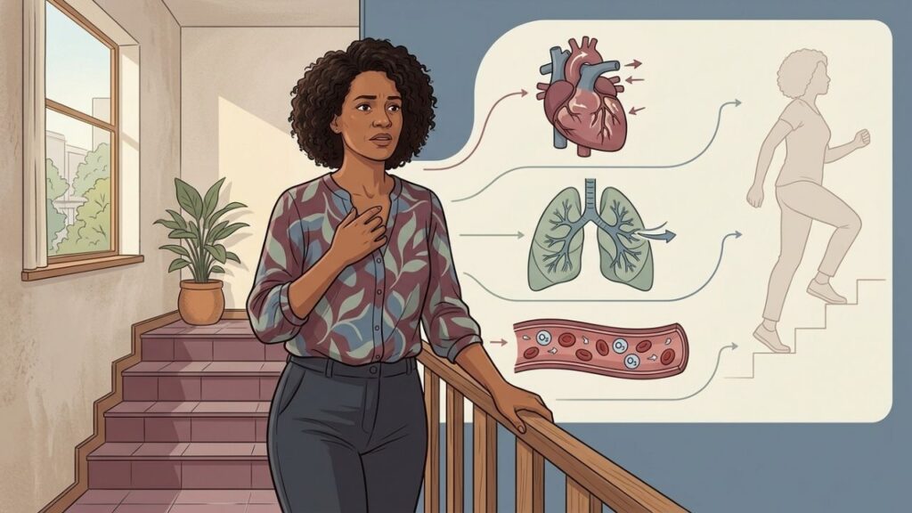 Coração, pulmões e anemia podem explicar o fôlego curto ao esforço.