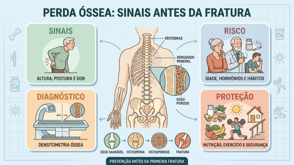 Sinais, riscos, densitometria e prevenção ajudam a proteger a saúde óssea.
