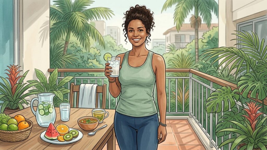 Água, frutas e caldos ajudam a manter eletrólitos equilibrados.
