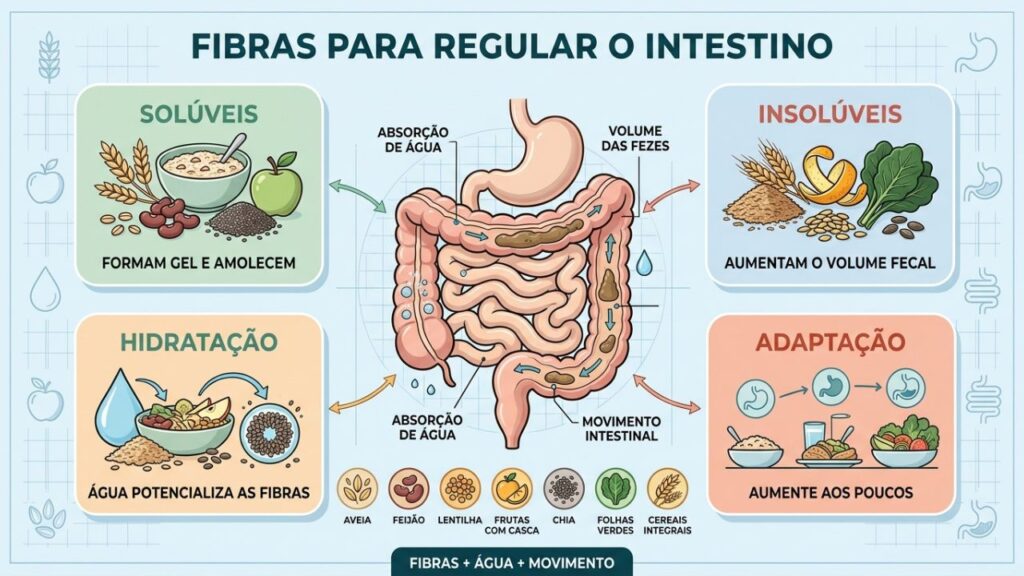 Fibras solúveis, insolúveis, água e adaptação gradual regulam o trânsito intestinal.