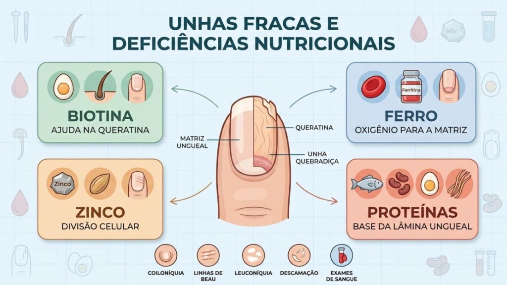 Biotina, ferro, zinco e proteínas sustentam queratina e resistência ungueal.