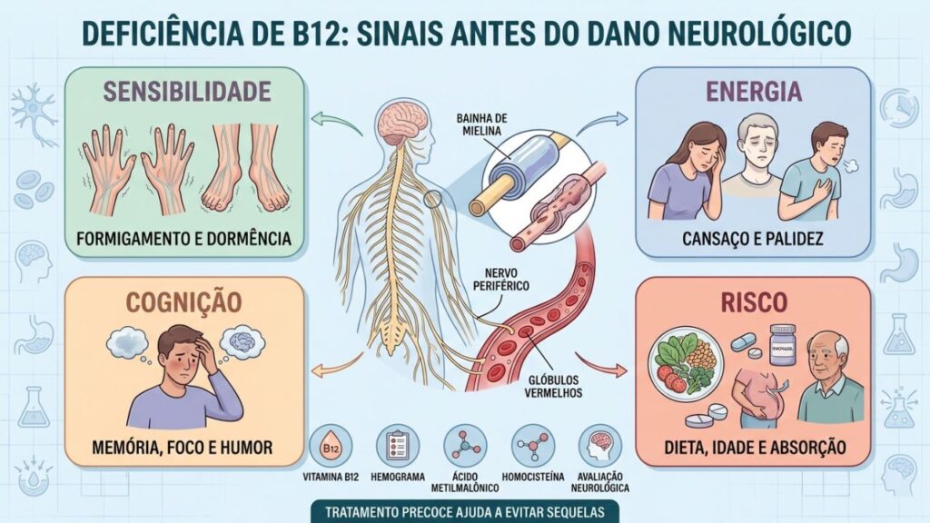 Sensibilidade, energia, cognição e fatores de risco orientam a investigação da B12.