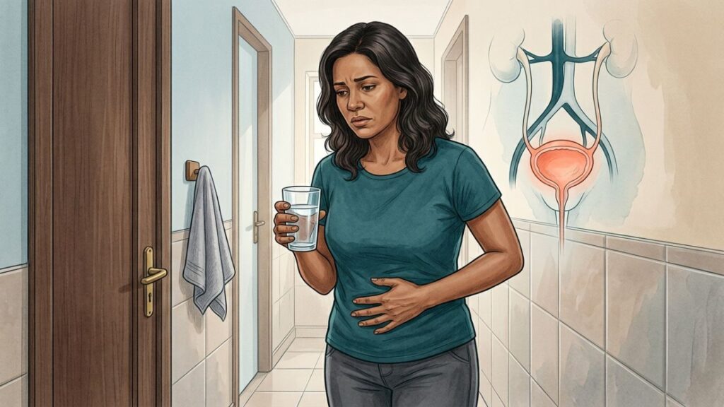 Ardência e urgência ao urinar sugerem infecção urinária.