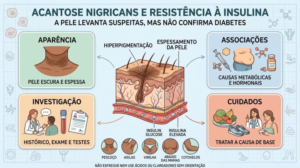 Aparência, causas, exames e cuidados orientam a investigação da acantose nigricans.