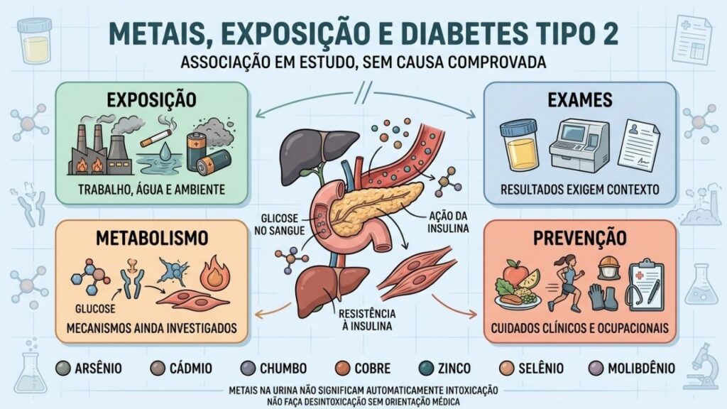 Exposição, exames, metabolismo e prevenção orientam a avaliação de metais e diabetes.