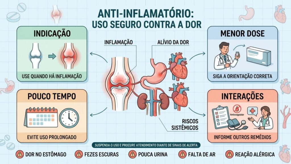 Indicação, dose, duração e interações orientam o uso seguro do anti-inflamatório.