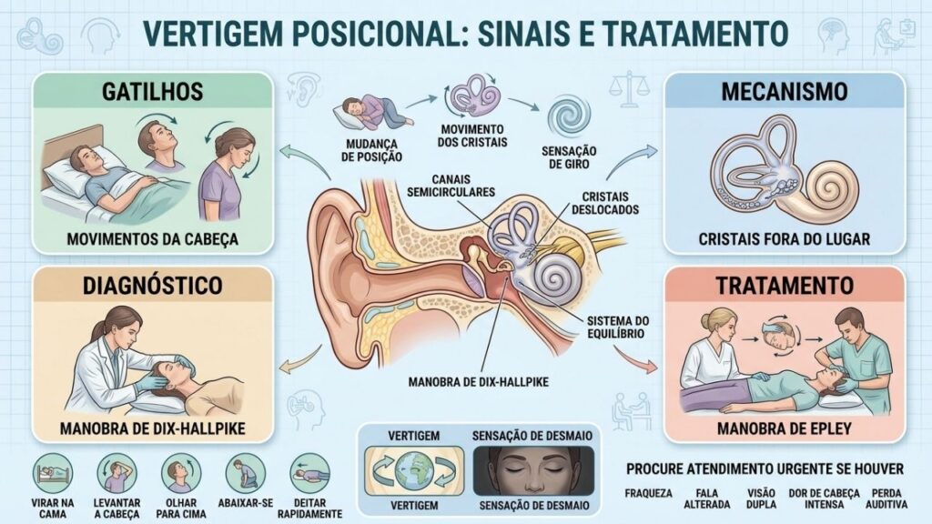 Gatilhos, cristais deslocados e manobras clínicas explicam a vertigem posicional.