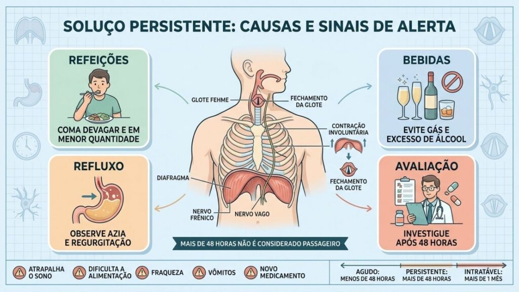 Refeições, bebidas, refluxo e duração ajudam a investigar soluços persistentes.