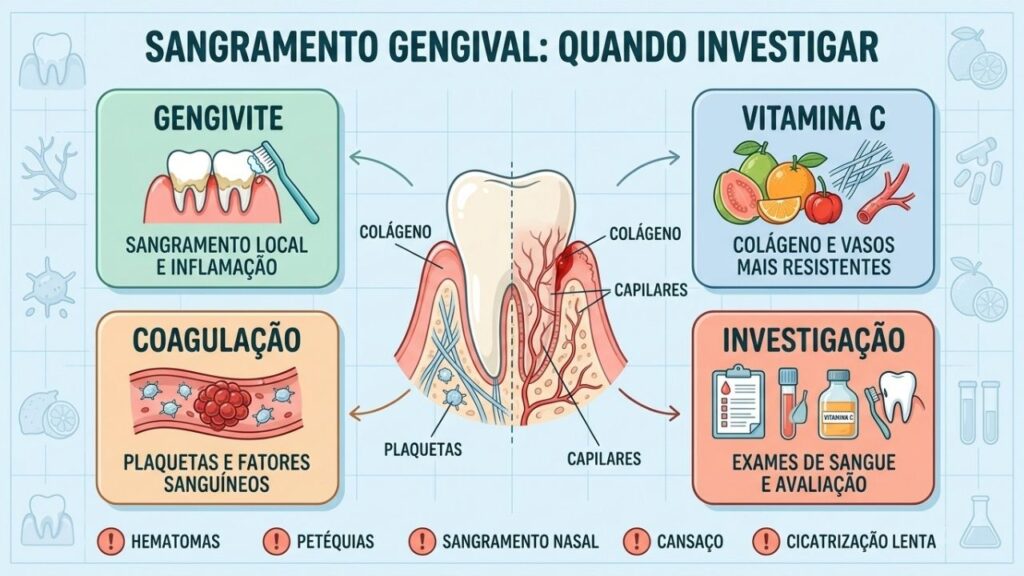 Vitamina C, plaquetas, coagulação e exames orientam a investigação dos sangramentos.