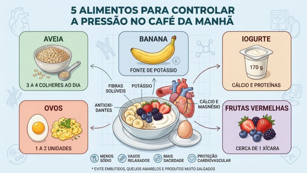 Cinco alimentos fornecem fibras, potássio, cálcio, proteínas e antioxidantes no café da manhã.