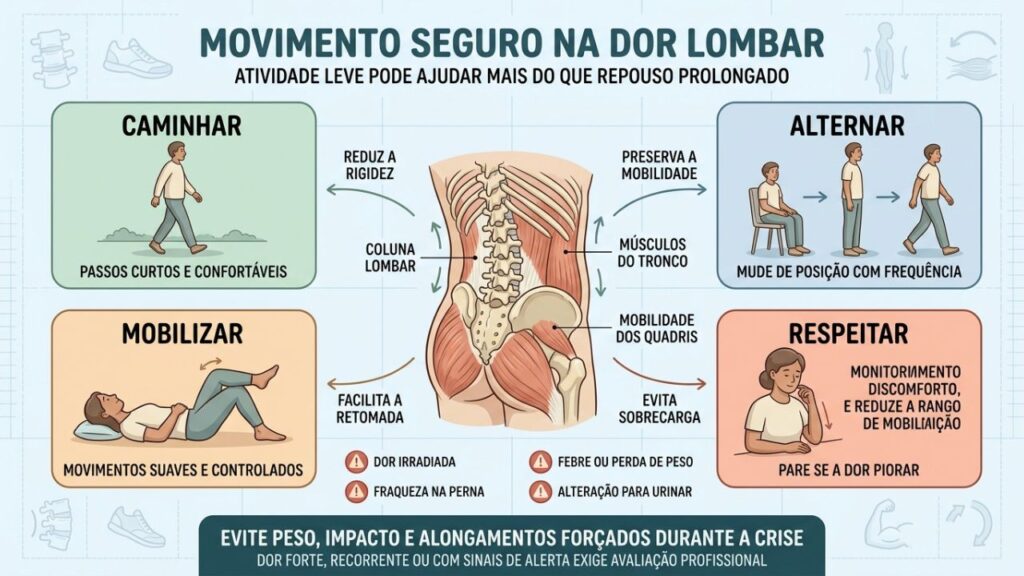 Caminhar, alternar posições e mobilizar suavemente favorecem a recuperação da lombalgia.