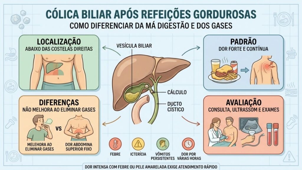 Localização e duração da dor ajudam a diferenciar vesícula, gases e indigestão.