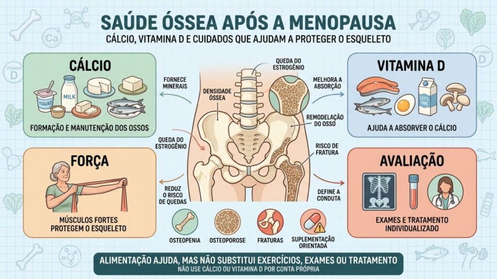Cálcio, vitamina D, força muscular e avaliação protegem a saúde óssea.