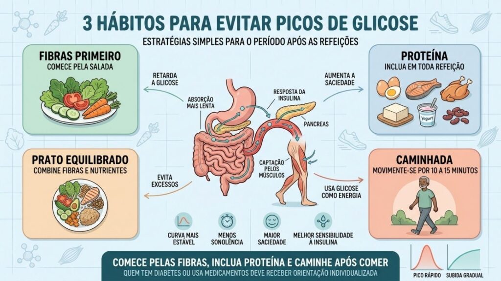 Fibras, proteína, prato equilibrado e caminhada ajudam a estabilizar a glicose.