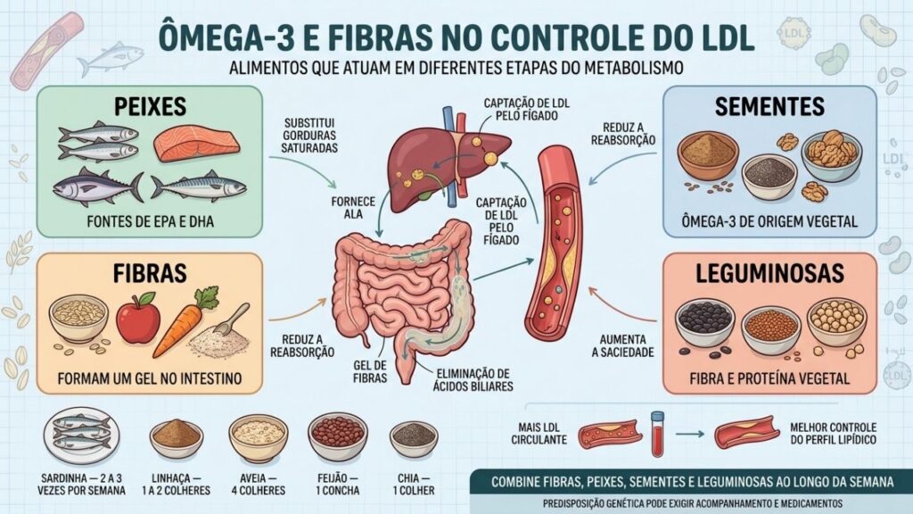 Peixes, sementes, fibras e leguminosas contribuem para melhorar o perfil lipídico.