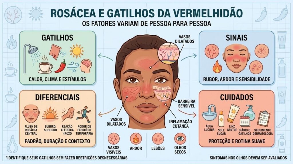 Gatilhos, sinais, diferenciais e cuidados ajudam a controlar as crises de rosácea.