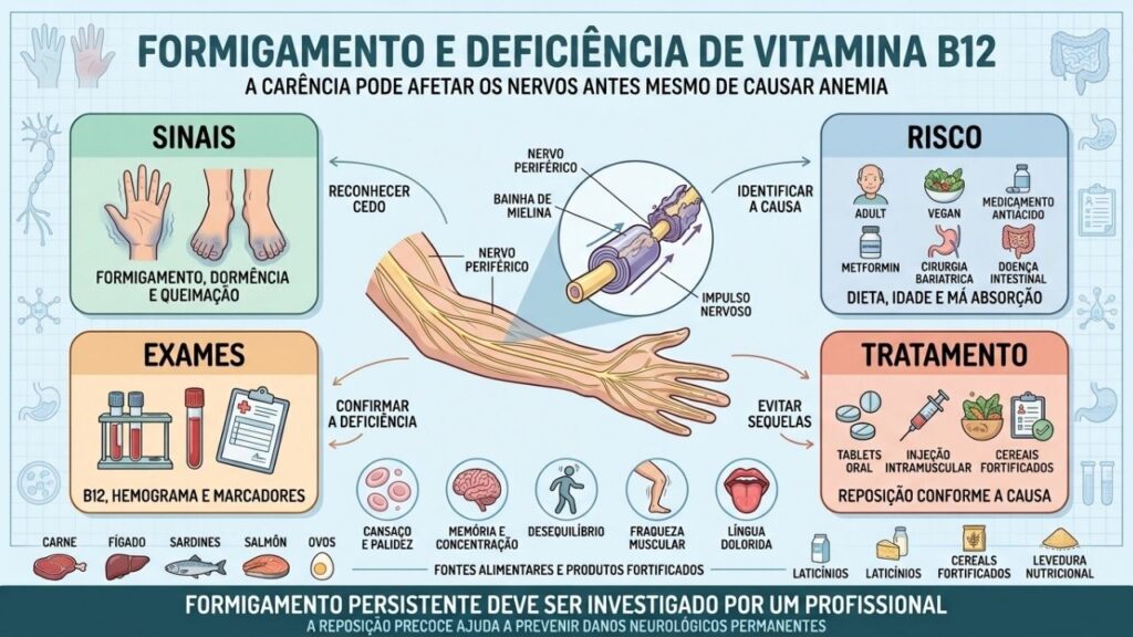 Sinais, fatores de risco, exames e reposição orientam o cuidado com a B12.